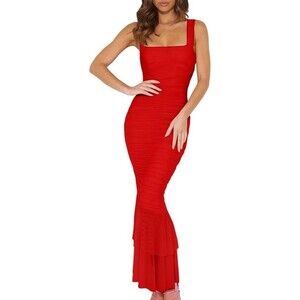 LCNBA Women's  Square Neck Ruffle Hem Dress Ruched Bodycon, beautiful Red color.